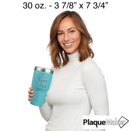 Size Guide With Happy Woman Holding Teal Thirty Ounce Stainless Steel Coffee Tumbler Engraved To Show Customizable Areas