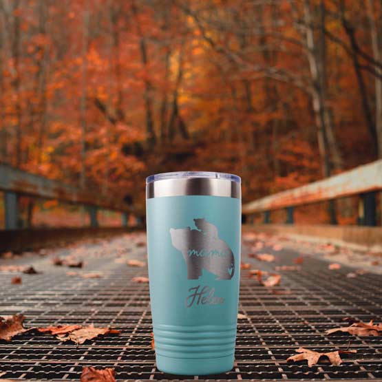 Teal 20 Ounce Tumbler Engraved With Name And Mama Text Inside Mother Bear And Cub Art On Walking Bridge In Fall Forest