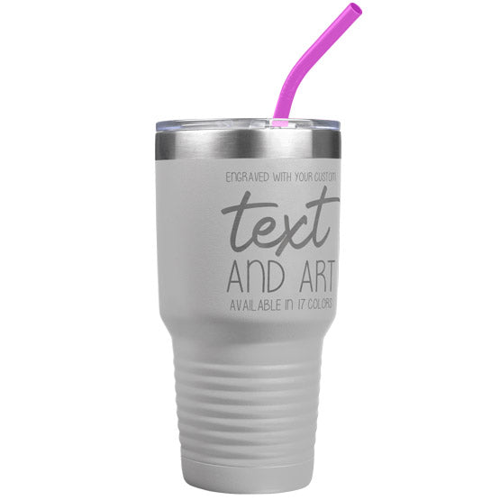 Custom Thirty Ounce White Stainless Steel Coffee Tumbler With Straw And Laser Engraved To Show Customizable Areas