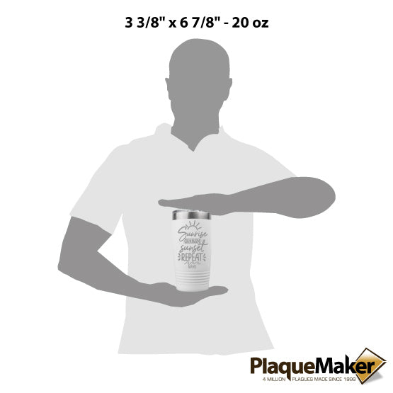 Size Guide With Blank Figure Holding White 20 Ounce Coffee Tumbler Engraved With Sunrise Sunburn Sunset Repeat And Name