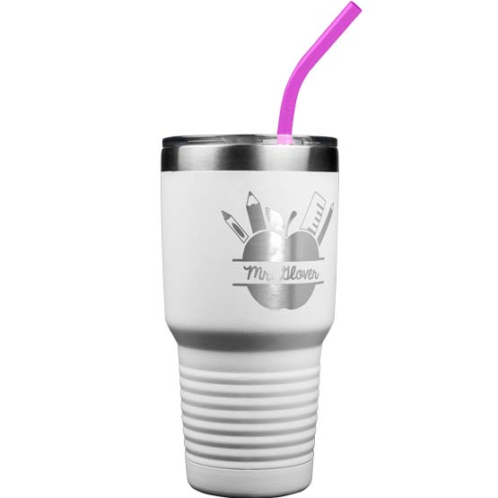 White 30 Ounce Coffee Tumbler With Purple Straw And Laser Engraved With Teacher Name Inside Apple And School Supplies Art
