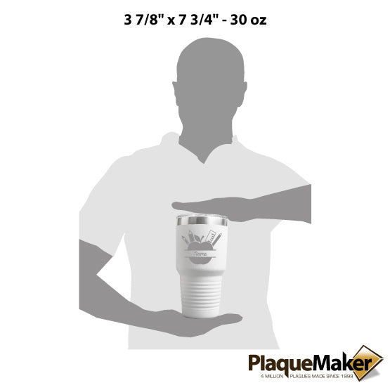 Size Guide With Blank Figure Holding White 30 Ounce Coffee Tumbler Laser Engraved With Apple And School Supplies Art