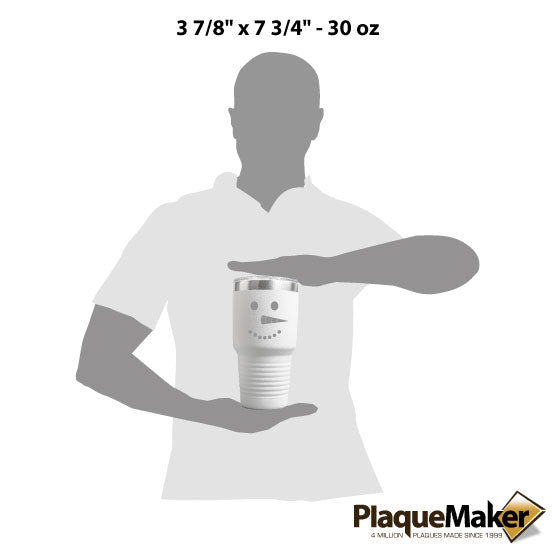 Size Guide With Blank Figure Holding White Stainless Steel 30 Ounce Coffee Tumbler Laser Engraved With Snowman Face Artwork