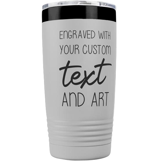 White And Black Twenty Ounce Stainless Steel Coffee Tumbler With Clear Lid And Laser Engraved To Show Customizable Areas