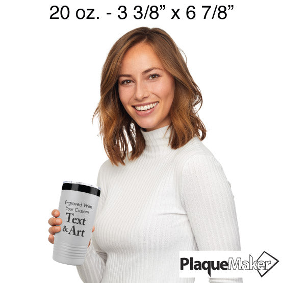 Size Guide With Happy Woman Holding White And Black Twenty Ounce Coffee Tumbler Engraved To Show Customizable Areas