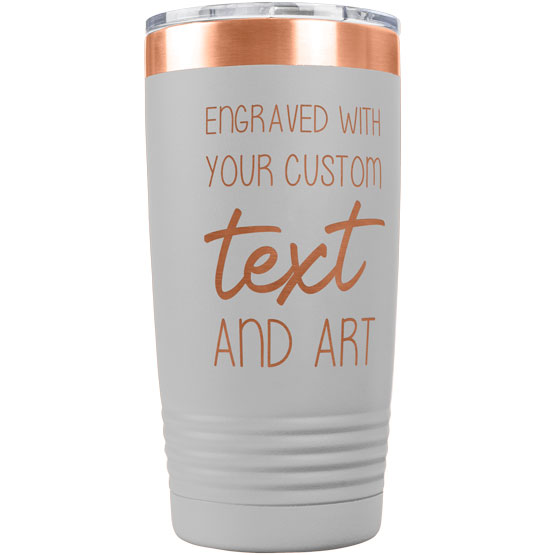 White And Rose Gold Twenty Ounce Stainless Steel Coffee Tumbler With Clear Lid And Laser Engraved To Show Customizable Areas