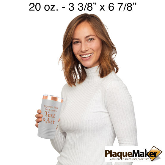 Size Guide With Happy Woman Holding White And Rose Gold Twenty Ounce Coffee Tumbler Engraved To Show Customizable Areas