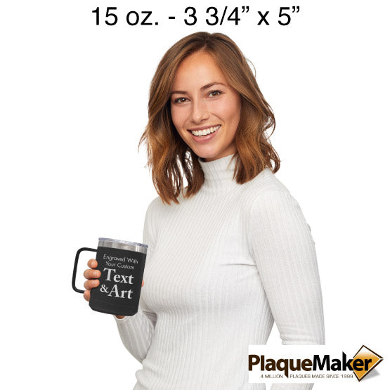 Size Guide With Happy Woman Holding Black Stainless Steel Coffee Tumbler Mug With Handle And Showing Customizable Areas