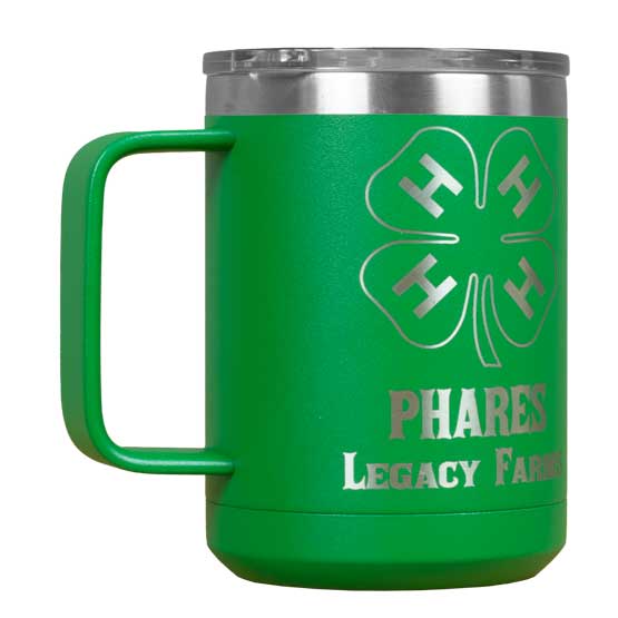 Green Stainless Steel 15 Ounce Tumbler Mug Laser Engraved With Four Leaf Clover Artwork And Phares Legacy Farms Text