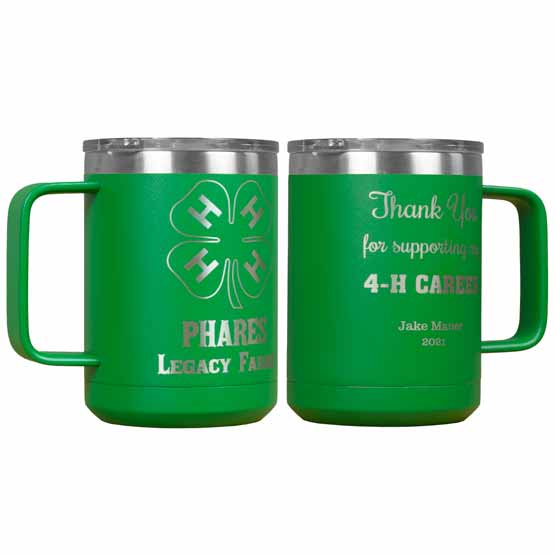 Pair Of Sample Green Stainless Steel 15 Ounce Tumbler Mugs Engraved With Four Leaf Clover Company Logo And Thank You Message
