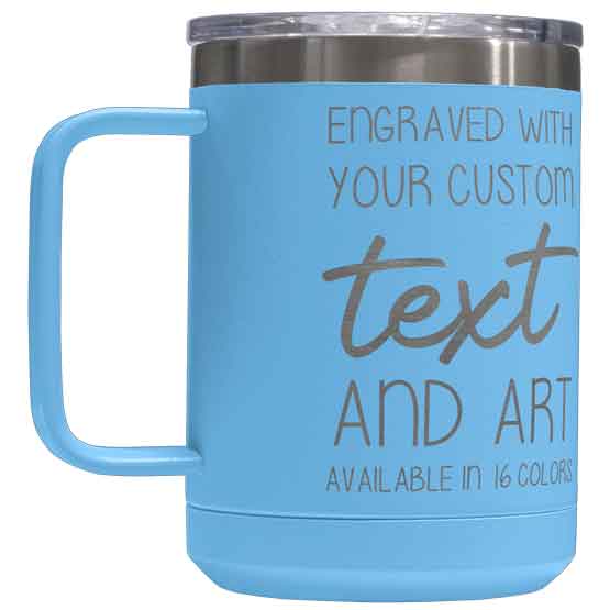 Light Blue Stainless Steel Coffee Tumbler Mug With Handle And Laser Engraved To Show Customizable Areas For Text And Art