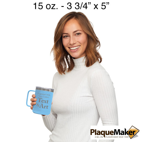 Size Guide With Happy Woman Holding Light Blue Stainless Steel Coffee Tumbler Mug With Handle And Showing Customizable Areas