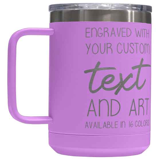 Light Purple Stainless Steel Coffee Tumbler Mug With Handle And Laser Engraved To Show Customizable Areas For Text And Art