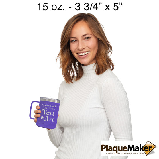 Size Guide With Happy Woman Holding Purple Stainless Steel Coffee Tumbler Mug With Handle And Showing Customizable Areas