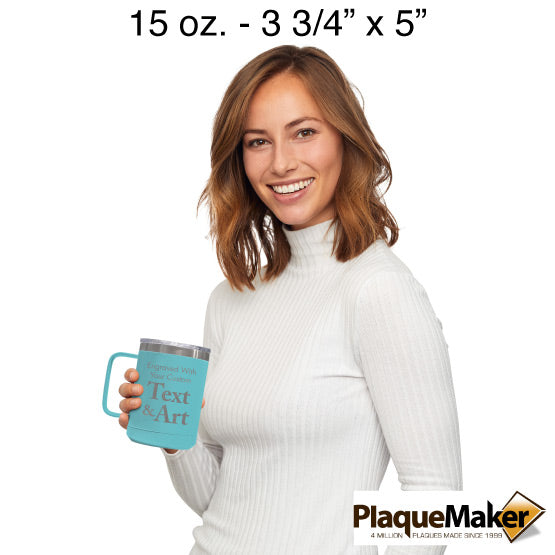 Size Guide With Happy Woman Holding Teal Stainless Steel Coffee Tumbler Mug With Handle And Showing Customizable Areas