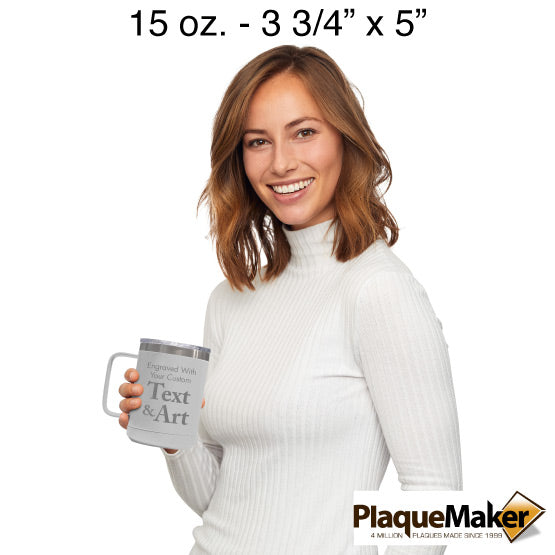 Size Guide With Happy Woman Holding White Stainless Steel Coffee Tumbler Mug With Handle And Showing Customizable Areas