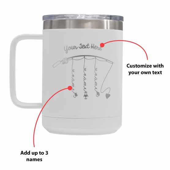 Guide Showing Customizable Areas For White 15 Ounce Tumbler Mug Engraved With Daddy’s Greatest Catch And Fishing Rod Art
