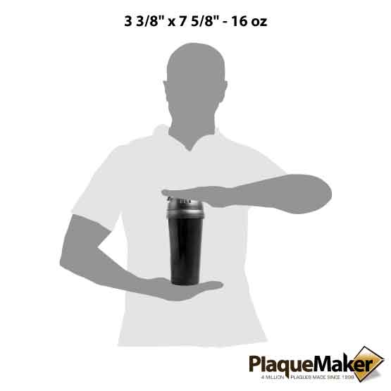 Size Guide With Blank Figure Holding Custom Black Travel Mug With Lid Between Hands Against A White Background