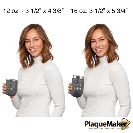 Size Guide With Woman Holding Two Different Sizes Of Gray Stemless Wine Tumbler Engraved To Show Customizable Areas