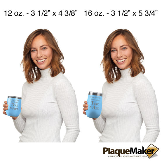 Size Guide With Woman Holding Two Different Sizes Of Light Blue Stemless Wine Tumbler Engraved To Show Customizable Areas