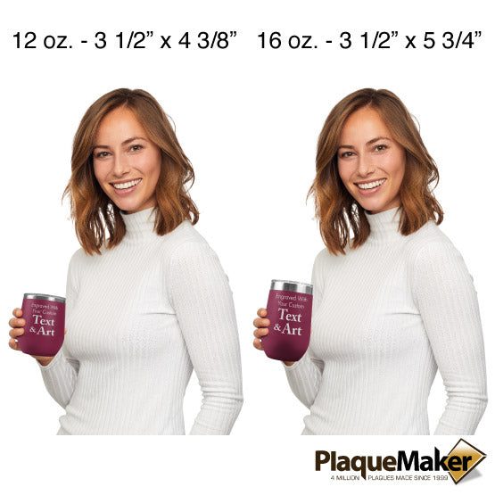 Size Guide With Woman Holding Two Different Sizes Of Maroon Stemless Wine Tumbler Engraved To Show Customizable Areas
