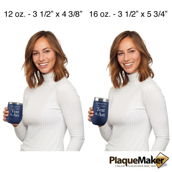 Size Guide With Woman Holding Two Different Sizes Of Navy Blue Stemless Wine Tumbler Engraved To Show Customizable Areas