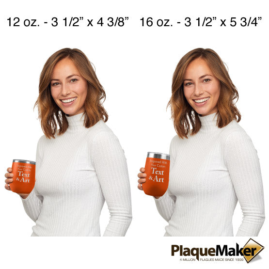 Size Guide With Woman Holding Two Different Sizes Of Orange Stemless Wine Tumbler Engraved To Show Customizable Areas