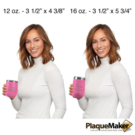 Size Guide With Woman Holding Two Different Sizes Of Pink Stemless Wine Tumbler Engraved To Show Customizable Areas