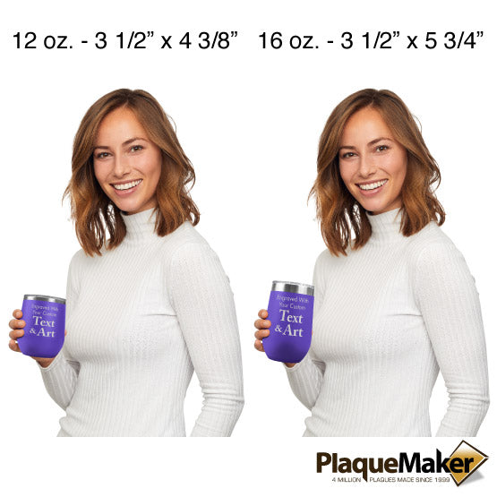 Size Guide With Woman Holding Two Different Sizes Of Purple Stemless Wine Tumbler Engraved To Show Customizable Areas