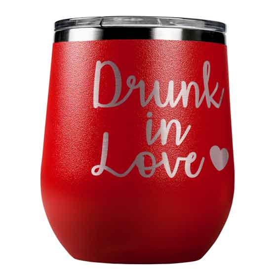 Red Stainless Steel 12 Ounce Stemless Wine Tumbler Laser Engraved With Heart Artwork And Drunk In Love Text