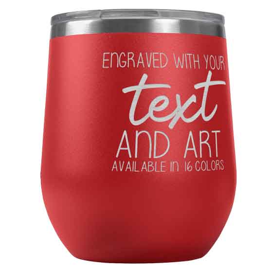 Red Stemless Wine Tumbler Laser Engraved To Show Customizable Areas For Text And Art Against White Background