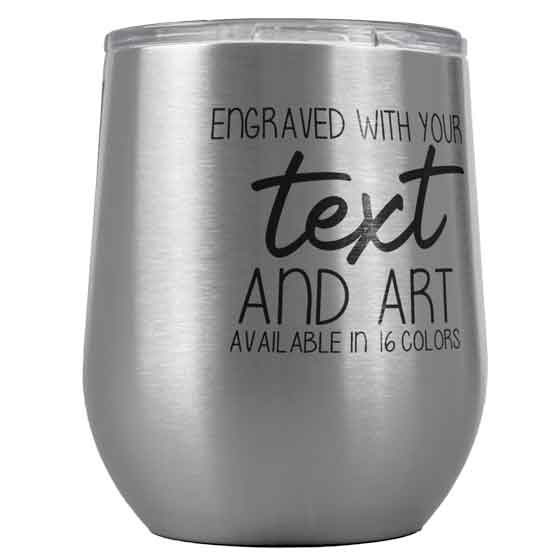 Silver Stemless Wine Tumbler Laser Engraved To Show Customizable Areas For Text And Art Against White Background