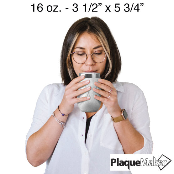 Size Guide With Woman Sipping White 16 Ounce Stemless Wine Tumbler Engraved With Grapevines And Cross And Jesus Water Message