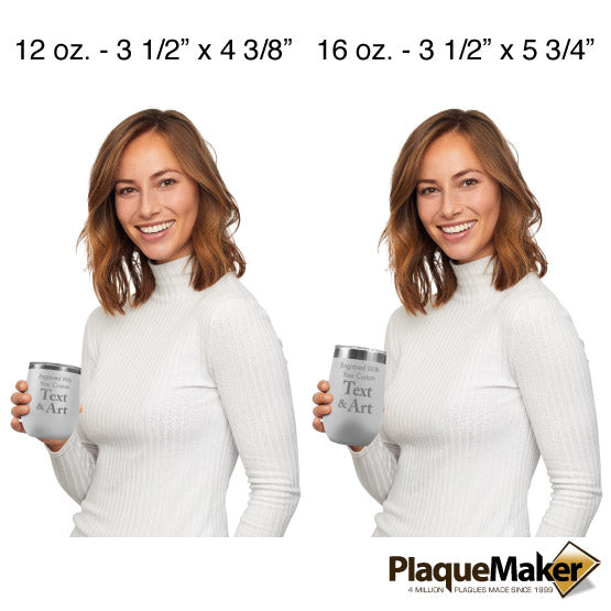Size Guide With Woman Holding Two Different Sizes Of White Stemless Wine Tumbler Engraved To Show Customizable Areas