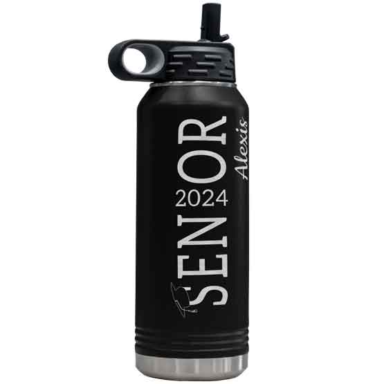 Black Stainless Steel 32 Ounce Water Bottle With Straw And Laser Engraved With Grad Hat On Senior Text And Year And Name