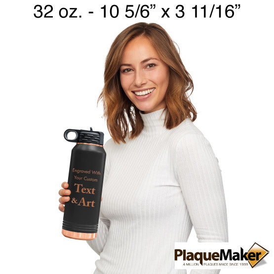 Size Guide With Happy Woman Holding Black And Rose Gold Thirty Two Ounce Water Bottle With Straw And Customizable Areas