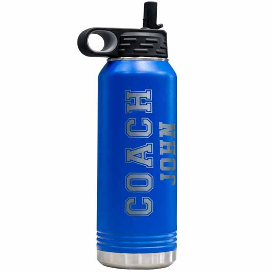 Blue Stainless Steel 32 Ounce Water Bottle With Straw And Laser Engraved With Custom Coach Text And Name