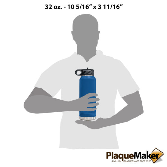 Size Guide With Blank Figure Holding Blue Stainless Steel 32 Ounce Water Bottle Engraved With Coach Text And Name