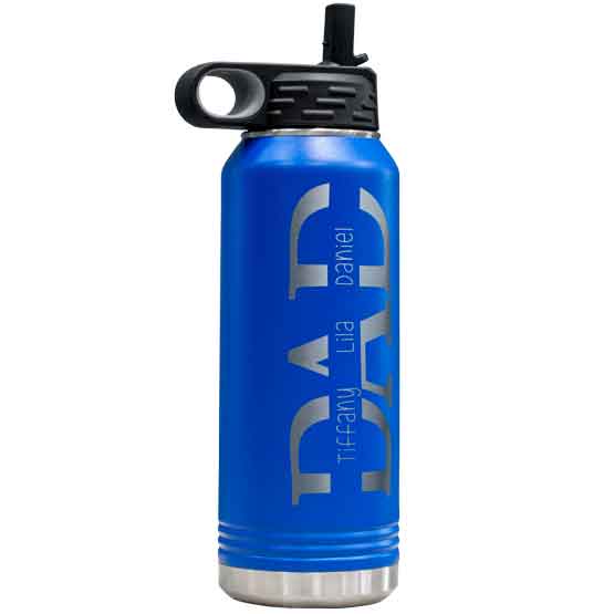 Blue Stainless Steel 32 Ounce Water Bottle With Straw And Laser Engraved With Custom Children Names Inside Dad Text