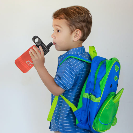 Little Boy With Backpack And Drinking From Coral Stainless Steel Child Water Bottle With Straw And Laser Engraved With Name
