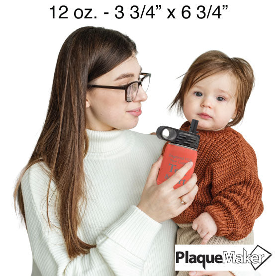 Size Guide With Woman Serving Coral Stainless Steel Child Water Bottle With Straw And Showing Customizable Areas To Child