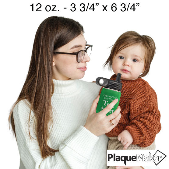 Size Guide With Woman Serving Green Stainless Steel Child Water Bottle With Straw And Showing Customizable Areas To Child