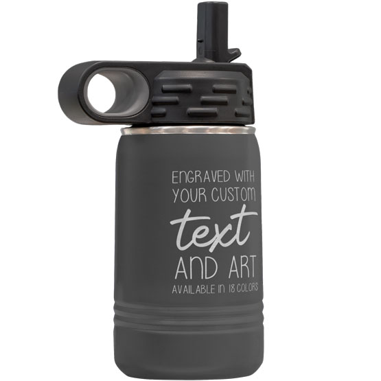 Gray Stainless Steel Child Water Bottle With Straw And Laser Engraved To Show Customizable Areas For Text And Art