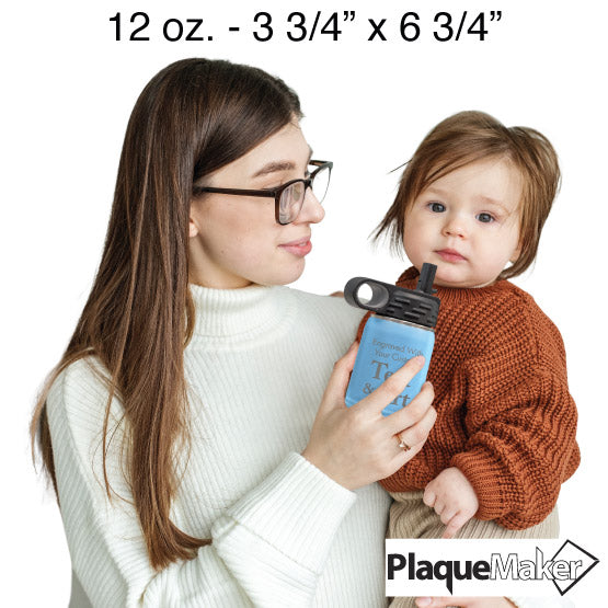 Size Guide With Woman Serving Light Blue Stainless Steel Child Water Bottle With Straw And Showing Customizable Area To Child