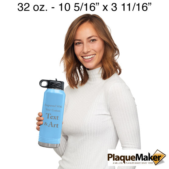 Size Guide With Happy Woman Holding Light Blue Thirty Two Ounce Water Bottle With Straw And Customizable Areas