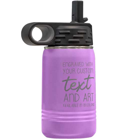 Light Purple Stainless Steel Child Water Bottle With Straw And Laser Engraved To Show Customizable Areas For Text And Art