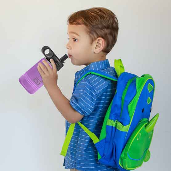 Little Boy With Backpack And Drinking From Light Purple Stainless Steel Child Water Bottle With Straw And Engraved Name