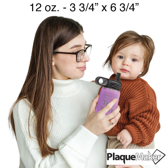 Size Guide With Woman Serving Light Purple Stainless Steel Child Water Bottle With Straw And Customizable Areas To Child