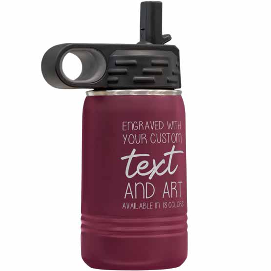 Maroon Stainless Steel Child Water Bottle With Straw And Laser Engraved To Show Customizable Areas For Text And Art