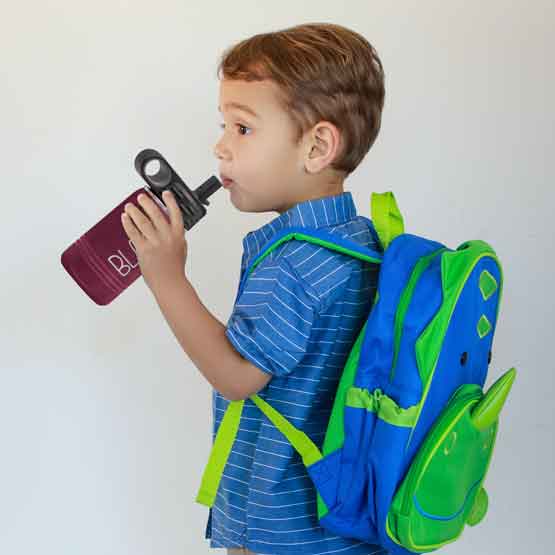 Little Boy With Backpack And Drinking From Maroon Stainless Steel Child Water Bottle With Straw And Engraved Name
